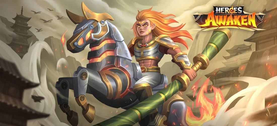 Heroes Awaken key art: an armoured hero on a mechanical horse wielding a bamboo staff