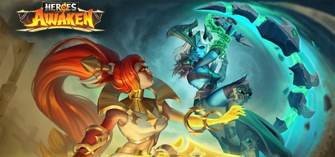 Heroes Awaken key art: a golden spear-wielding hero facing two enemy champions