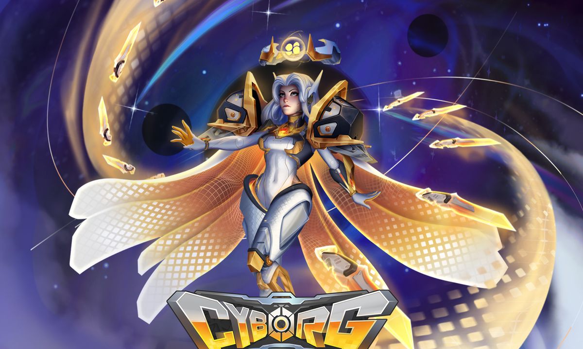 Cyborg Heroes key art: an armoured cybernetic hero suspended in a golden vortex