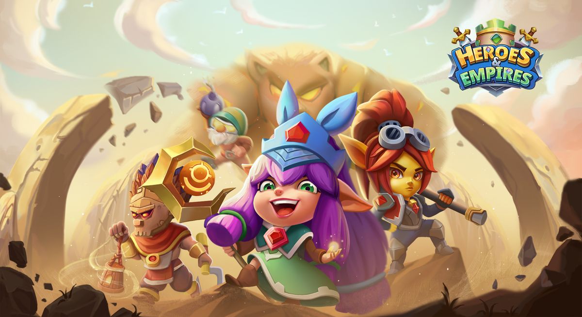 Heroes & Empires key art: a party of stylised heroes advancing across a desert as a stone titan rises behind them