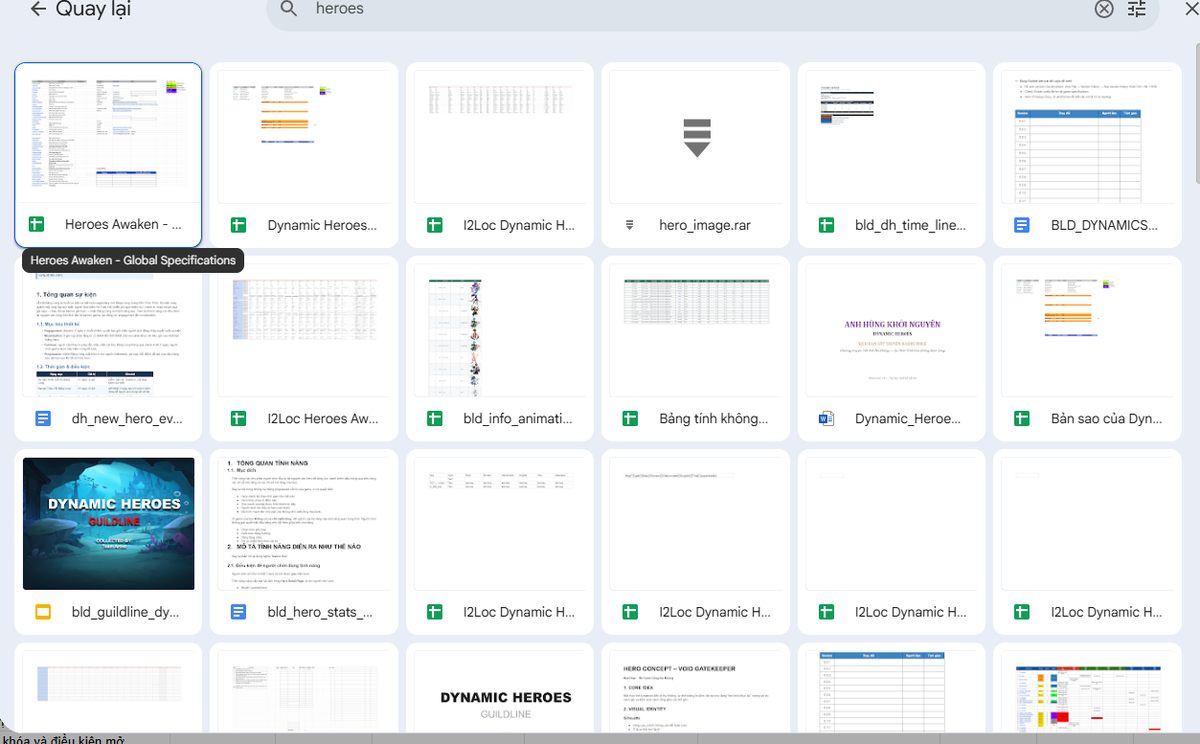 Drive folder of design documents: guidelines, hero concepts, event specs, timelines, localisation sheets and stat tables