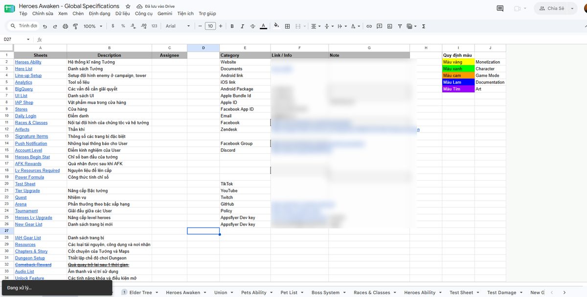 Global Specifications index for Heroes Awaken listing more than thirty linked design and config sheets